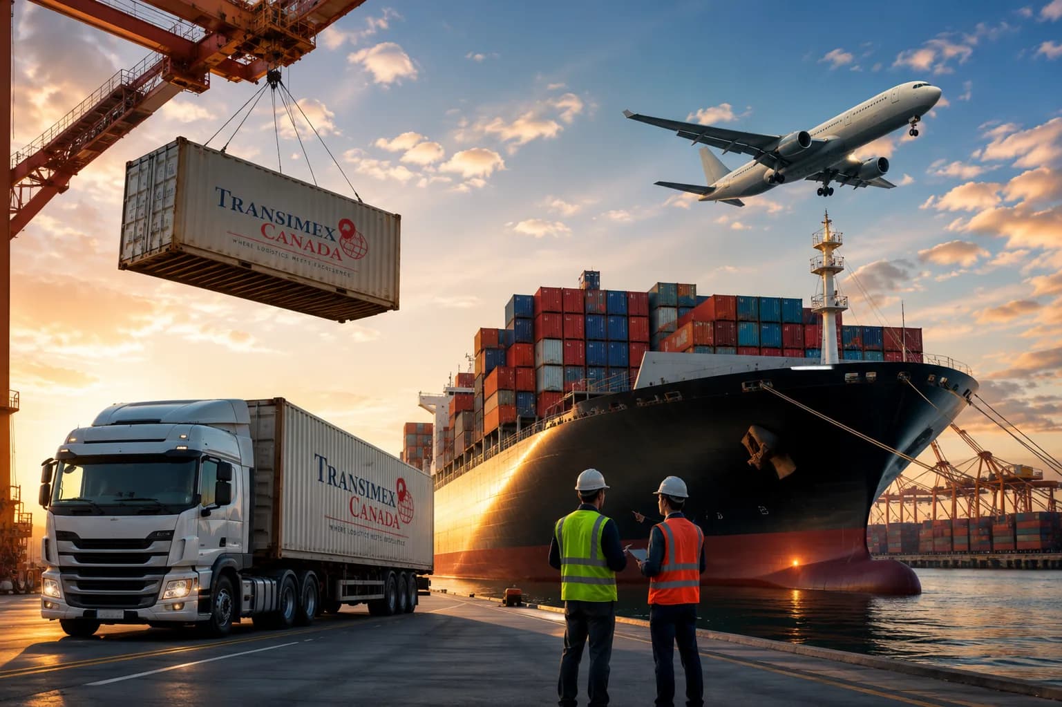 Opérations logistiques de Transimex Canada - conteneurs d'expédition, camion de fret, avion et travailleurs portuaires