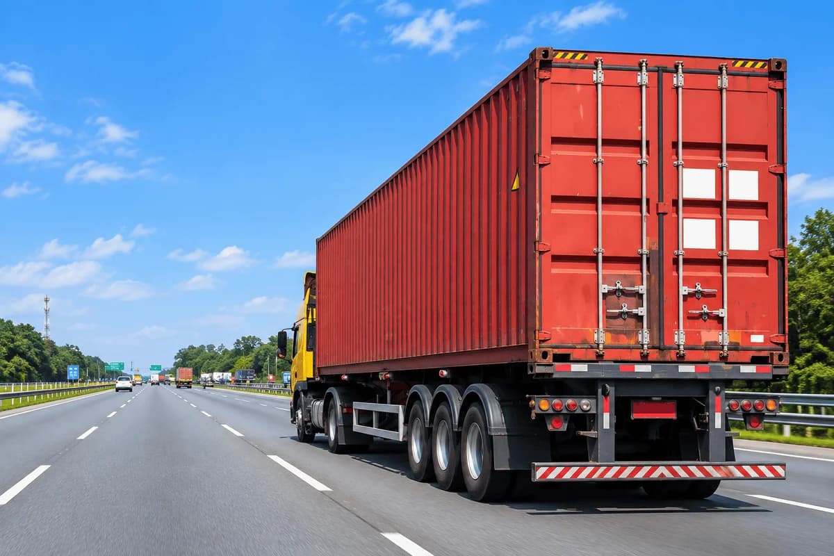 Container truck travelling toward a terminal