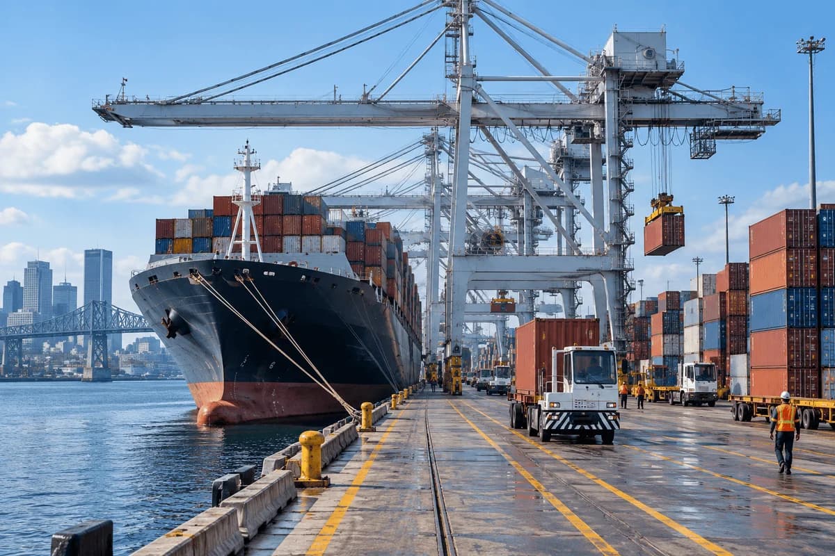 Container ship being loaded at a port
