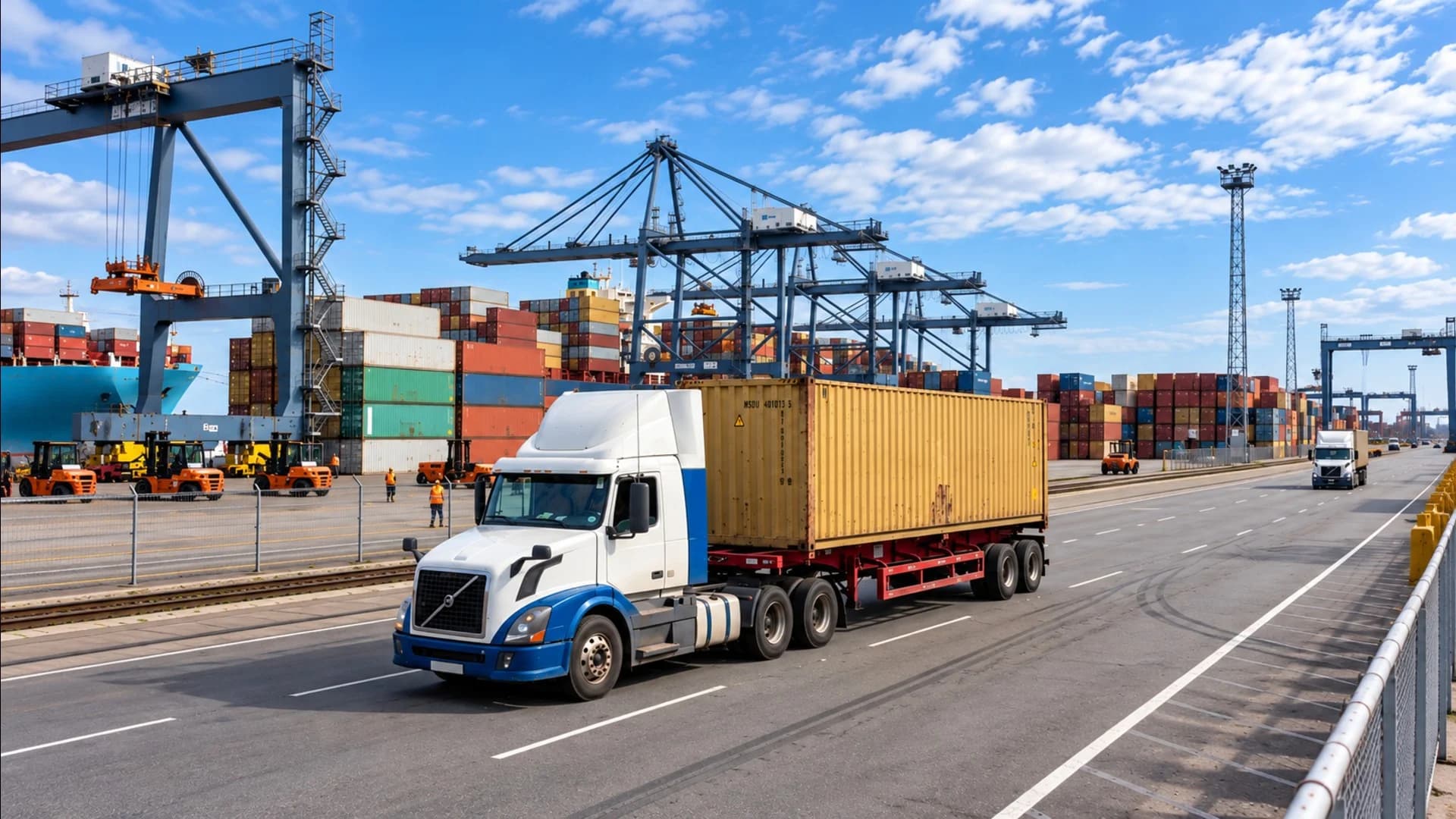 Truck with a container chassis at a container terminal