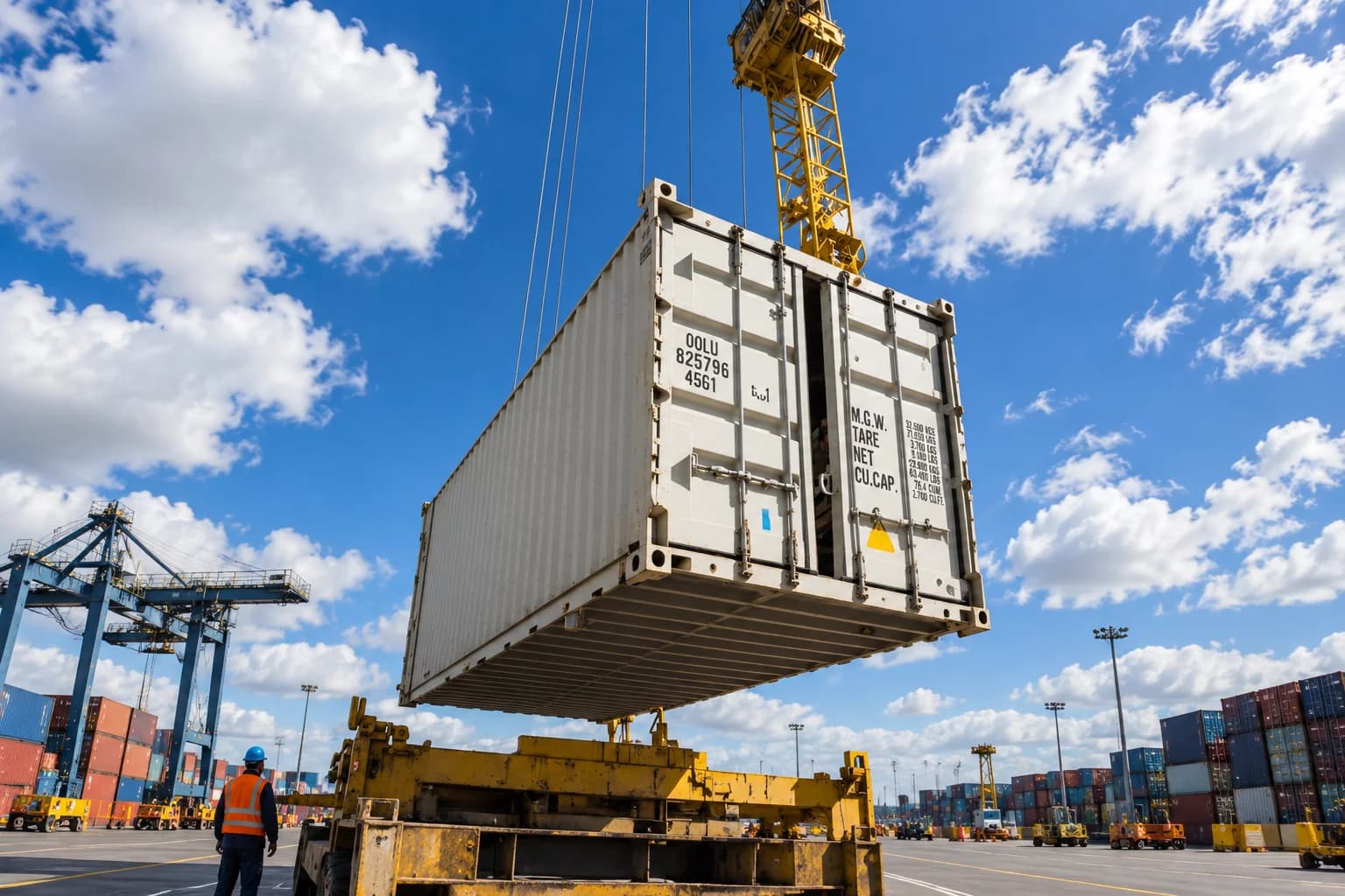 Shipping container being loaded onto a truck chassis